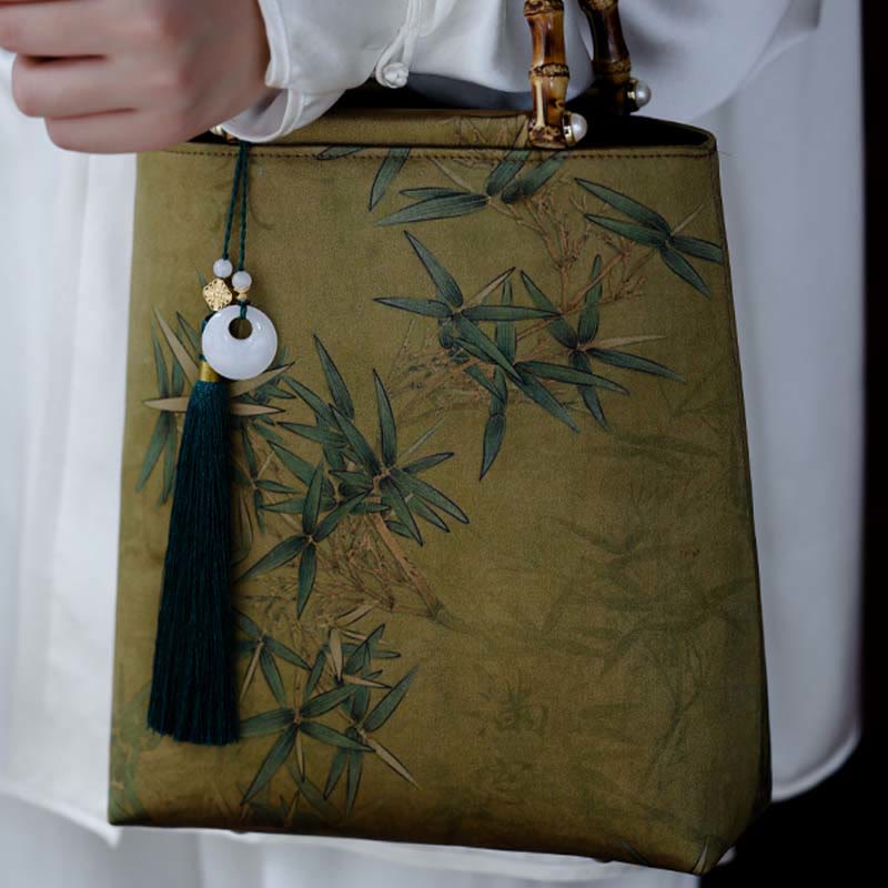 Yellow Green Bamboo Leaves Handbag with Bamboo Handles | Spiritual Accessory