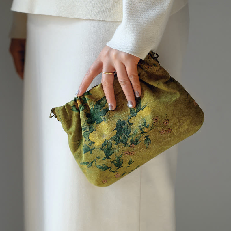 Yellow Green Flower Cotton Crossbody Bag 16x22cm