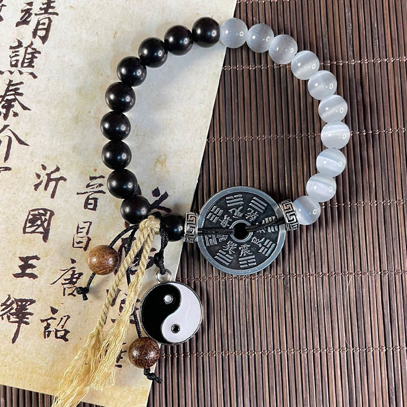 Yin Yang Cat's Eye Ebony Wood Support Rope Bracelet