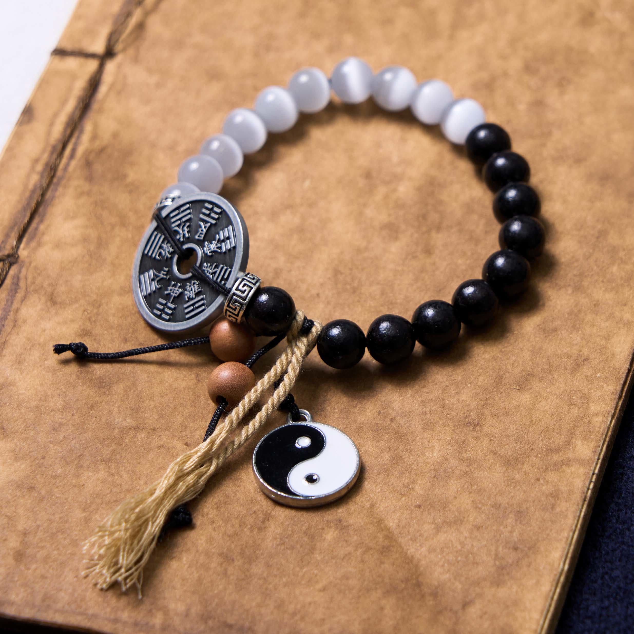 Yin Yang Cat's Eye Ebony Wood Support Rope Bracelet