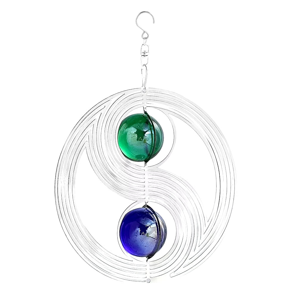 Yin Yang Kinetic Metal Wind Spinner for Garden with green and blue glass orbs