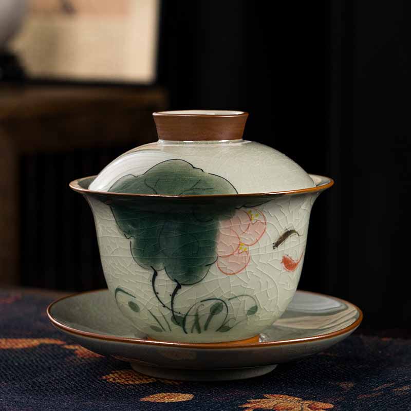 Zen Ceramic Lotus Koi Fish Gaiwan Teacup 140ml