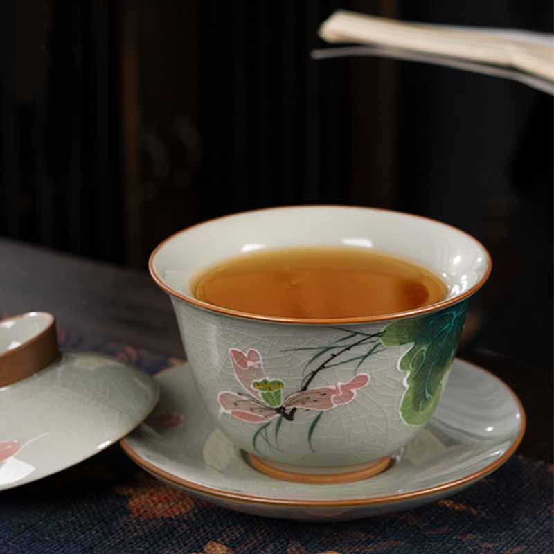 Zen Ceramic Lotus Koi Fish Gaiwan Teacup 140ml