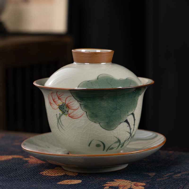 Zen Ceramic Lotus Koi Fish Gaiwan Teacup 140ml