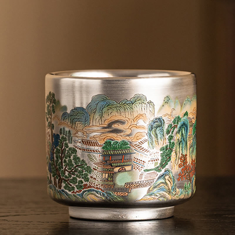 Zen Ceramic Tea Cup with Dragon and Nature Motifs