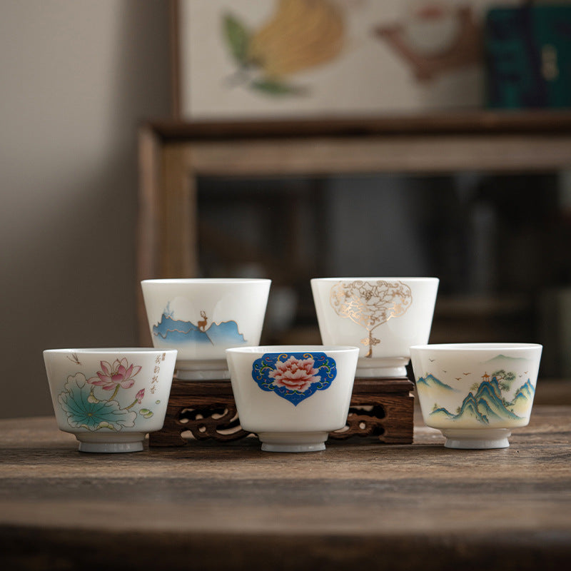 Zen Ceramic Teacup with Lotus Flower and Mountain Design 100ml
